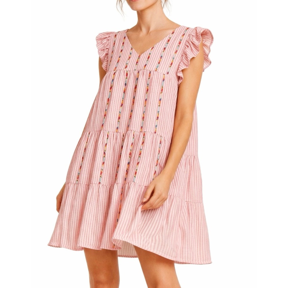 Savanna Jane Pink Seersucker Embroidered Babydoll Top | Small | Flutter Sleeve‎